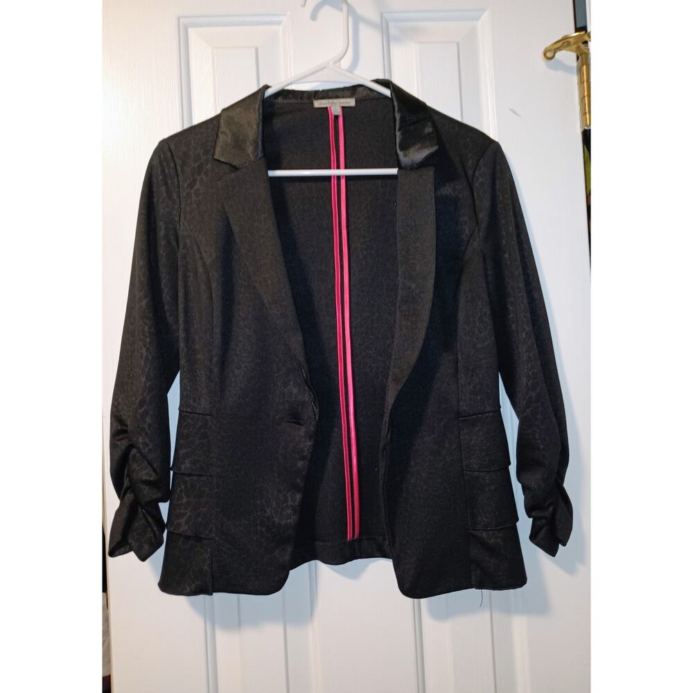 Charlotte Russe - Women's Black Satin Leopard Print Ruffled Blazer Jacket - Sz S